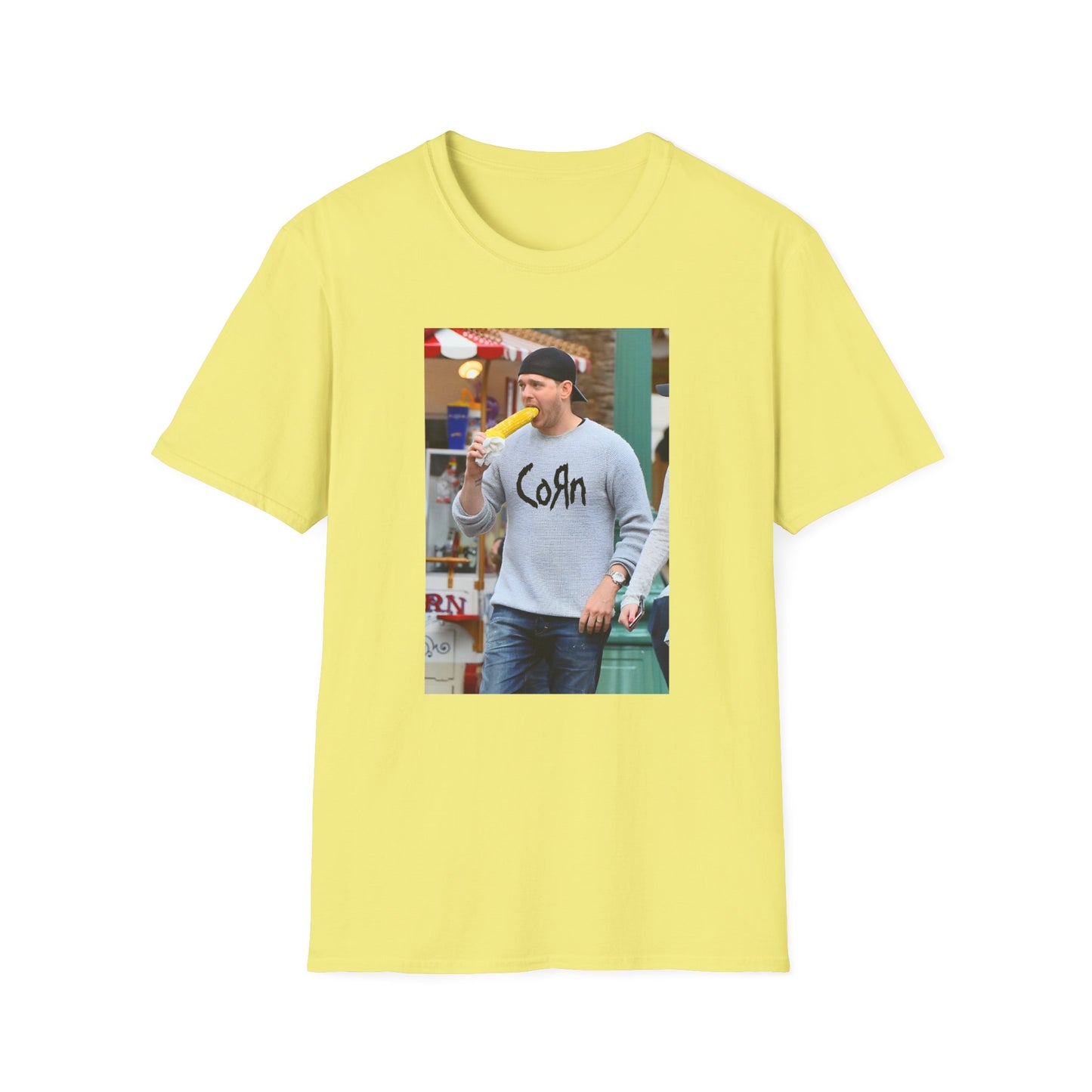 michael buble wearing a corn shirt eating corn on a shirt