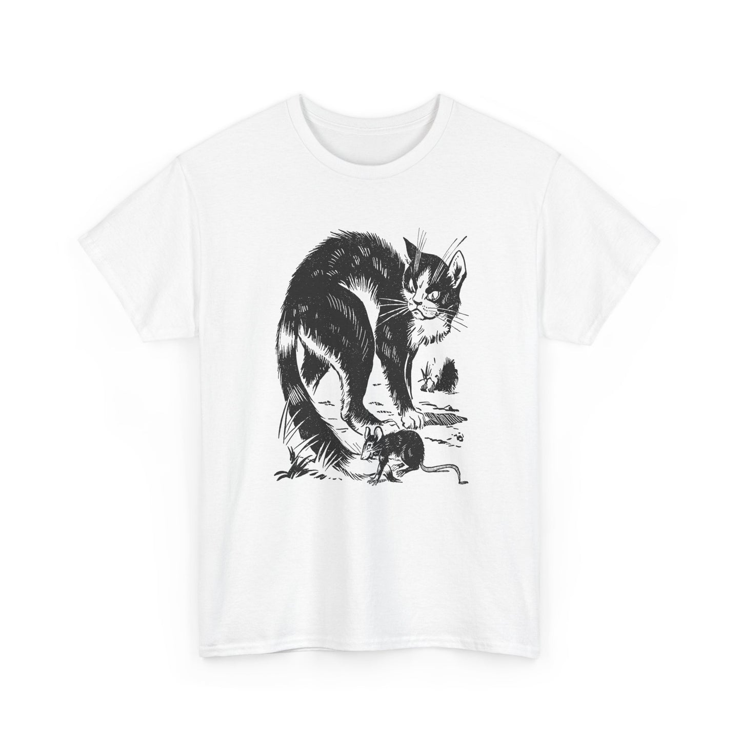 vintage french children's book illustration of angry cat and happy mouse reproduction tshirt