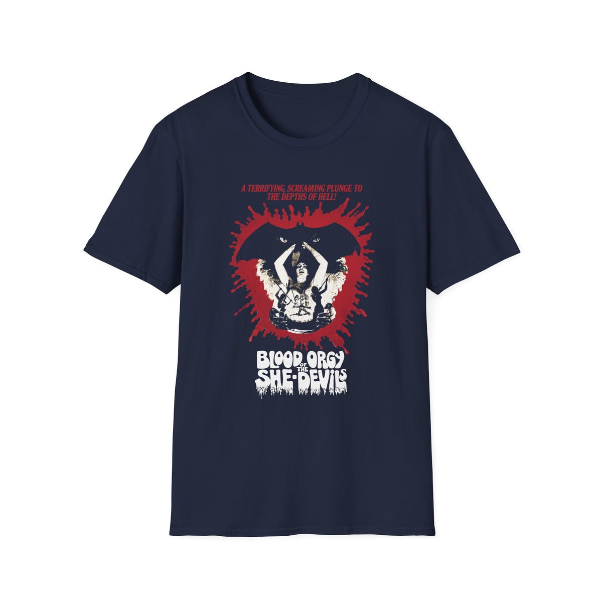 1973 b movie blood orgy of the she devils tshirt
