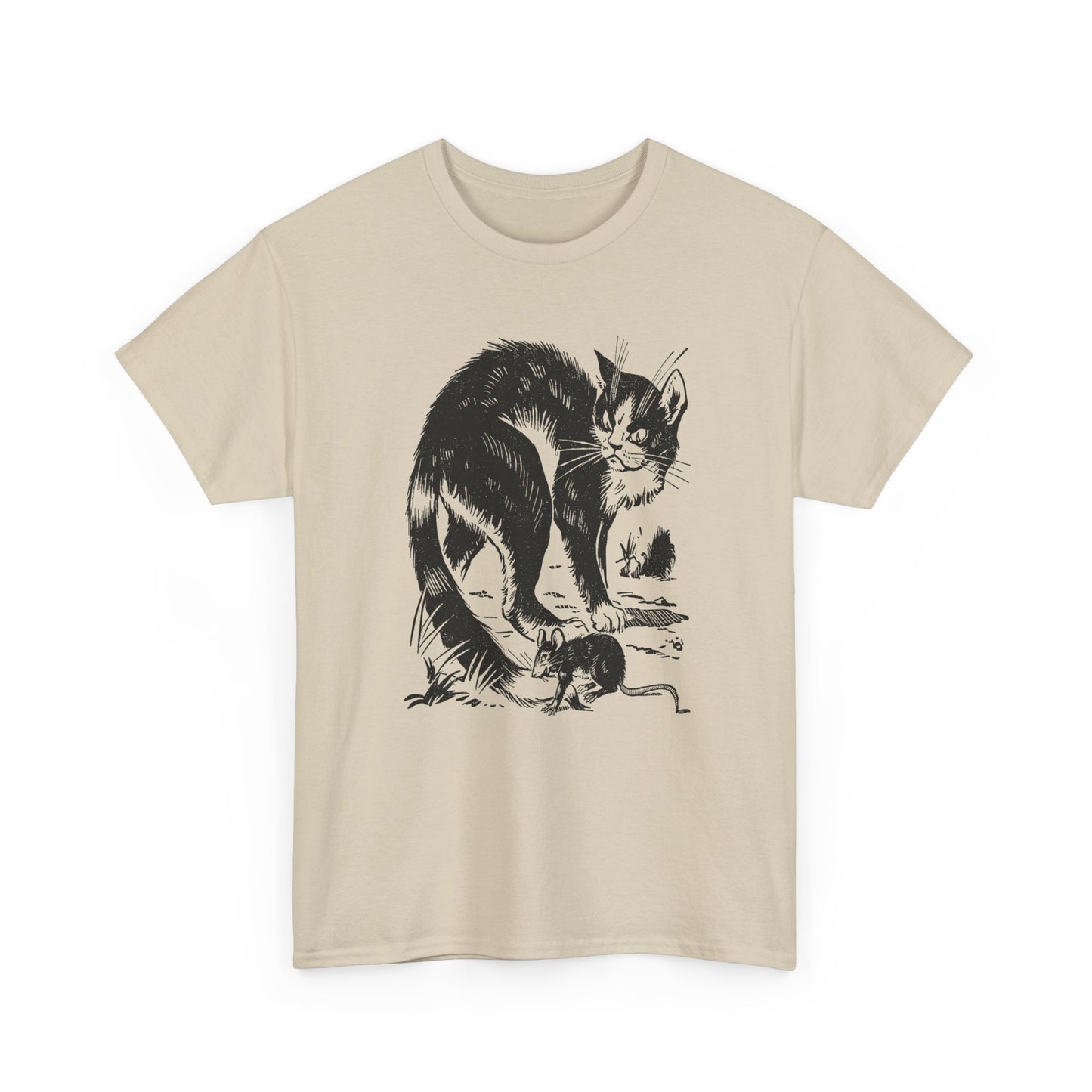 vintage french children's book illustration of angry cat and happy mouse reproduction tshirt