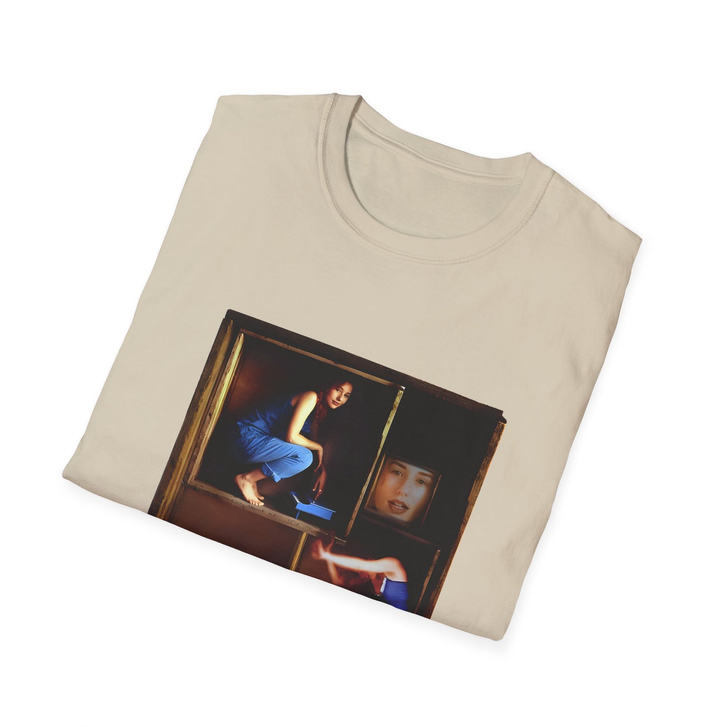 tori amos on a shelf in a crate playing a small piano surrounded by other amos's on a tshirt