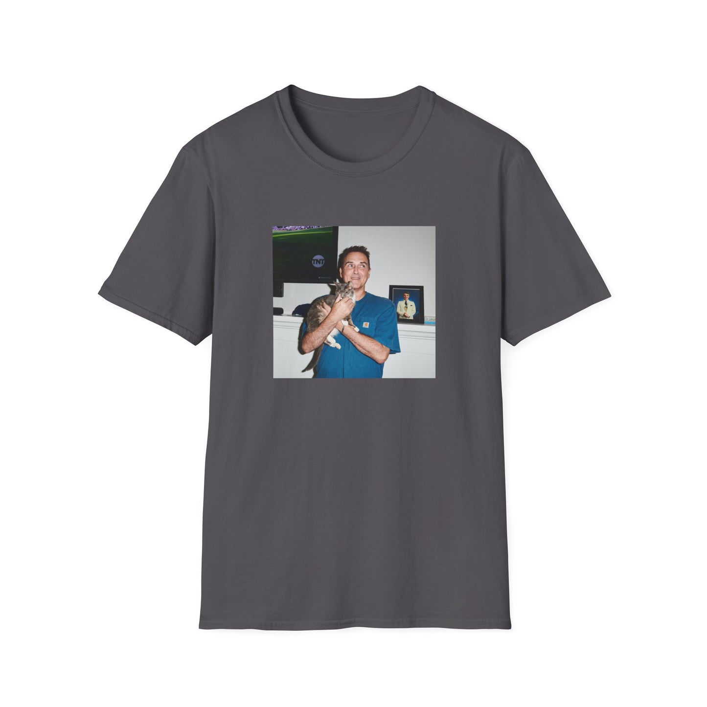 norm macdonald and his cat in front of a framed picture of steve martin close up tshirt