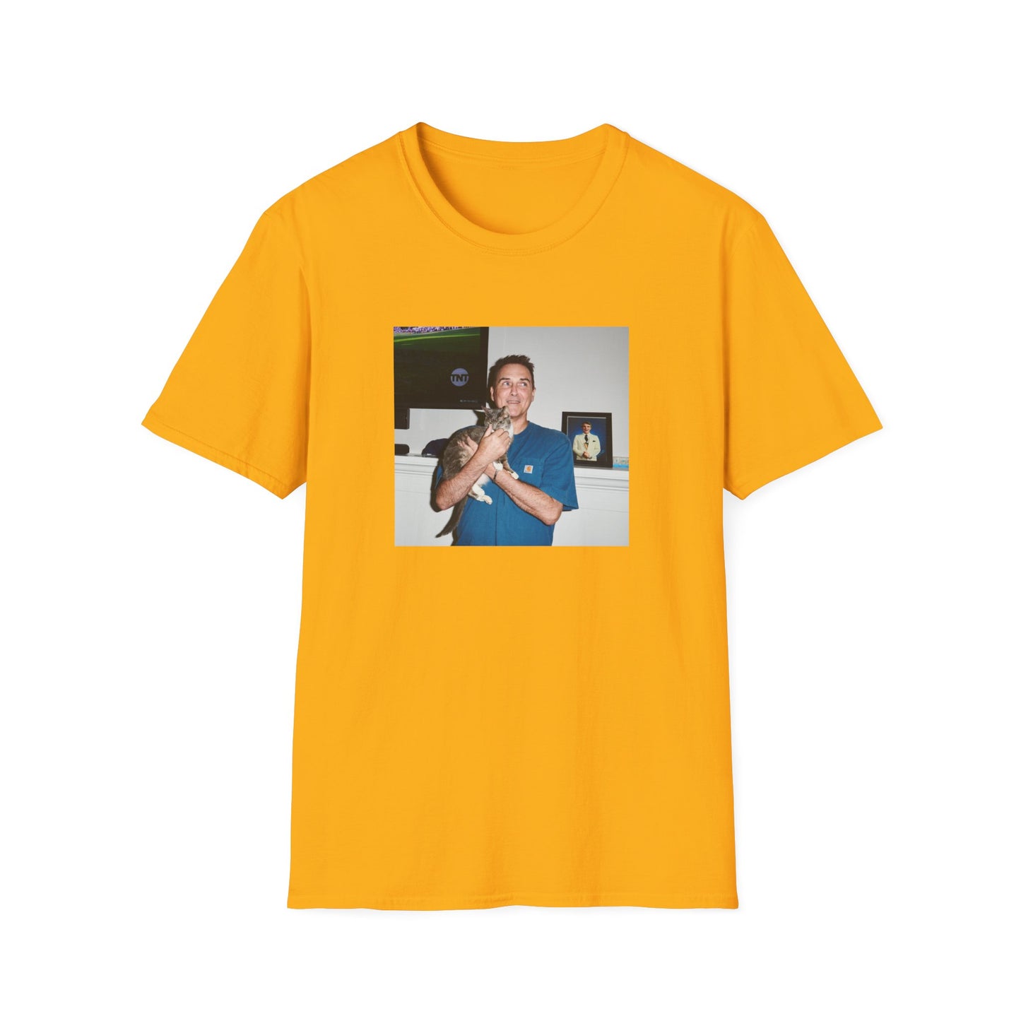 norm macdonald and his cat in front of a framed picture of steve martin close up tshirt
