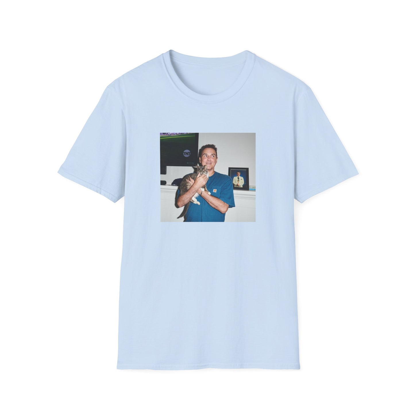 norm macdonald and his cat in front of a framed picture of steve martin close up tshirt