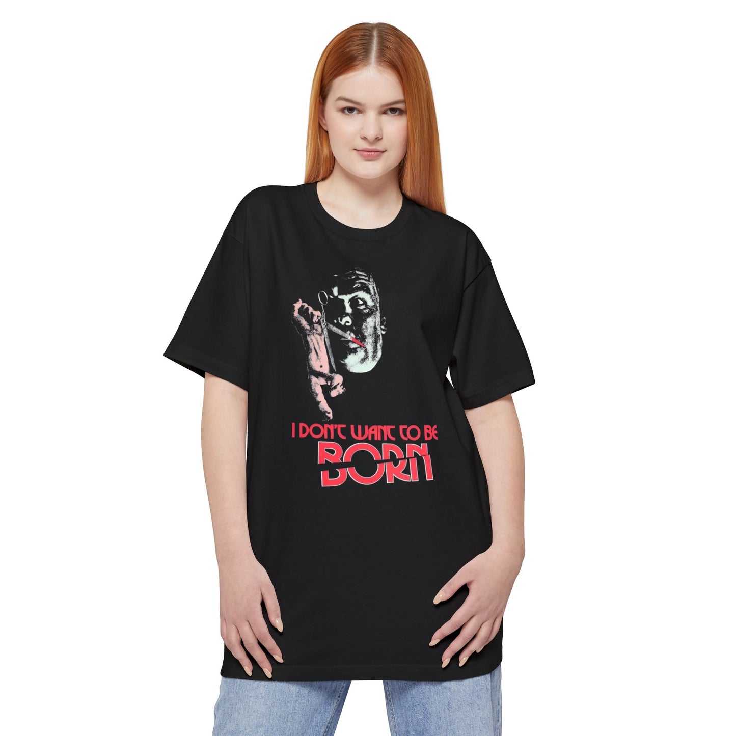 oversized i don't want to be born (devil within her) 1975 horror movie cover unisex tall beefy tshirt