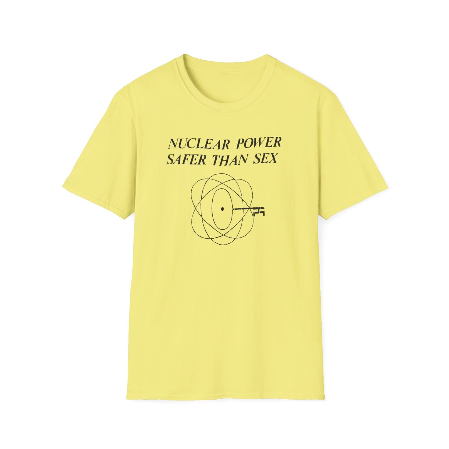 vintage 1970s design "nuclear power safer than sex" tshirt