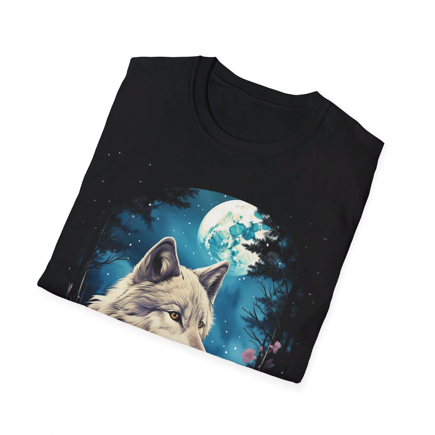 1980s style illustration of a white wolf and pink flowers under the moon tshirt