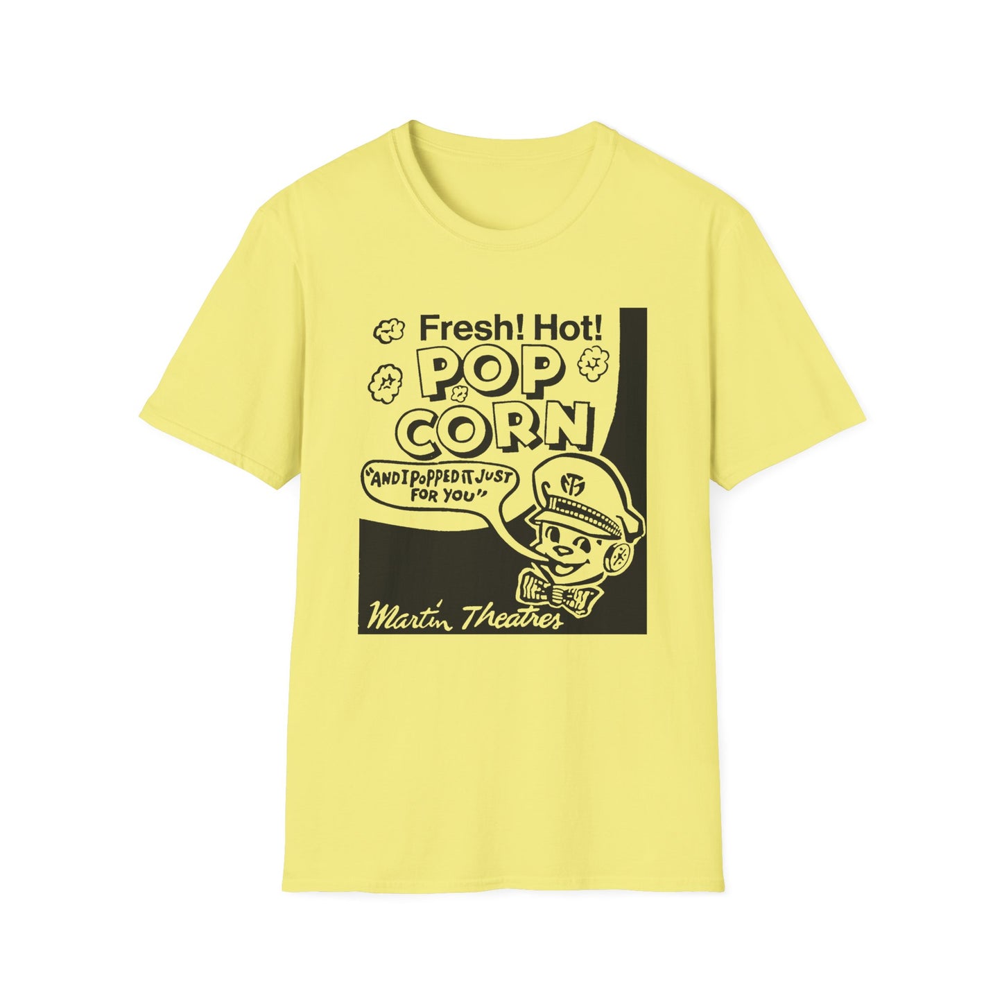 1940s popcorn box logo for martin theatres with a cute little popcorn mascot tshirt
