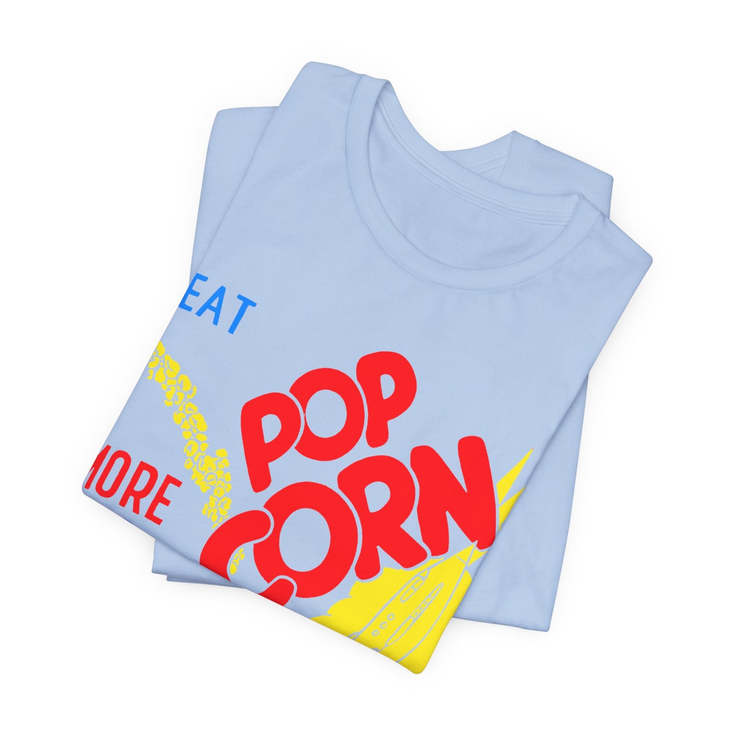 1950s coloured popcorn box logo "eat popcorn more and more and more out of this world!" on a new unisex softstyle tshirt
