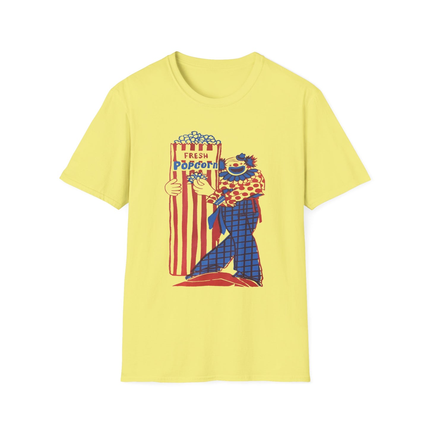 1960s popcorn box logo with a clown mascot tshirt