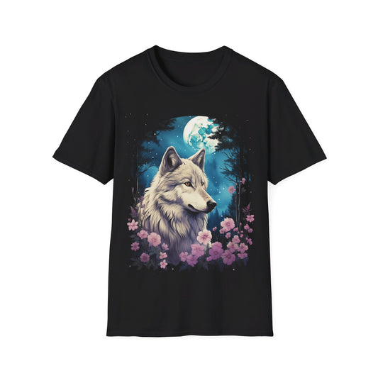 1980s style illustration of a white wolf and pink flowers under the moon tshirt