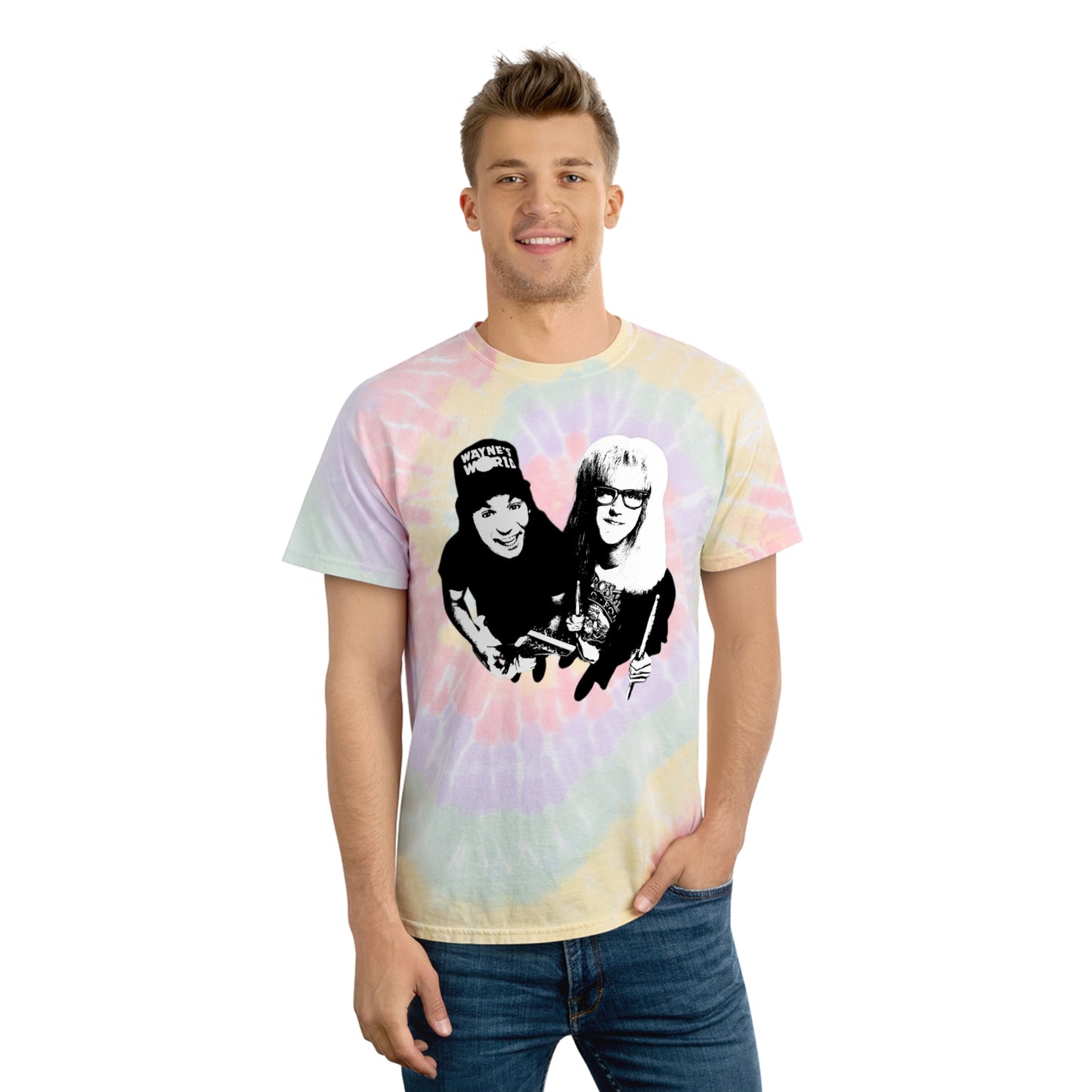 wayne's world stencil style tie dye tshirt