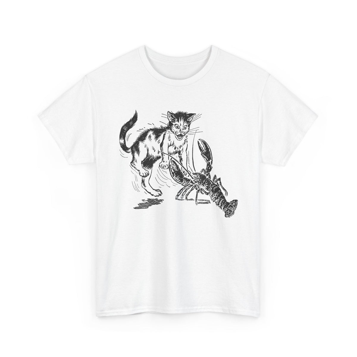 mid twentieth century children's book illustration cat and lobster tshirt