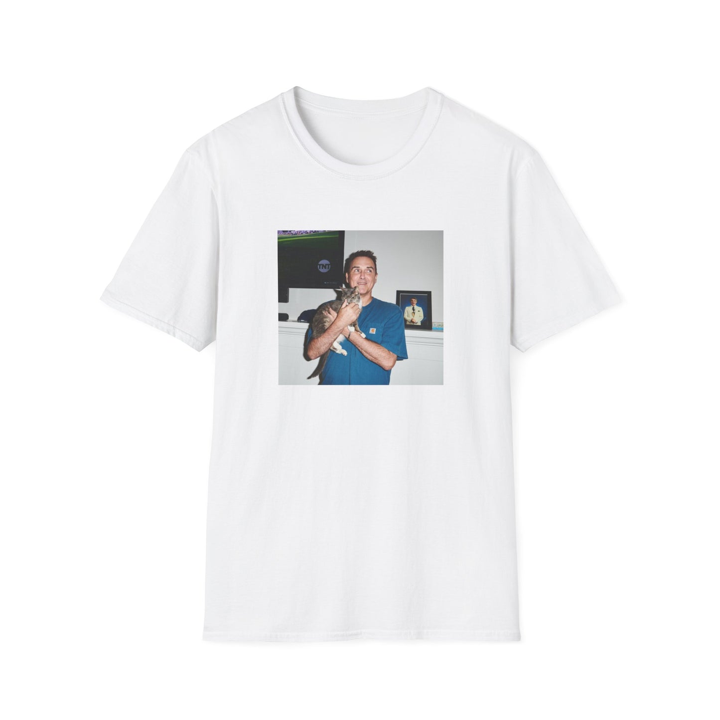norm macdonald and his cat in front of a framed picture of steve martin close up tshirt