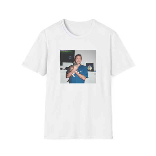 norm macdonald and his cat in front of a framed picture of steve martin close up tshirt