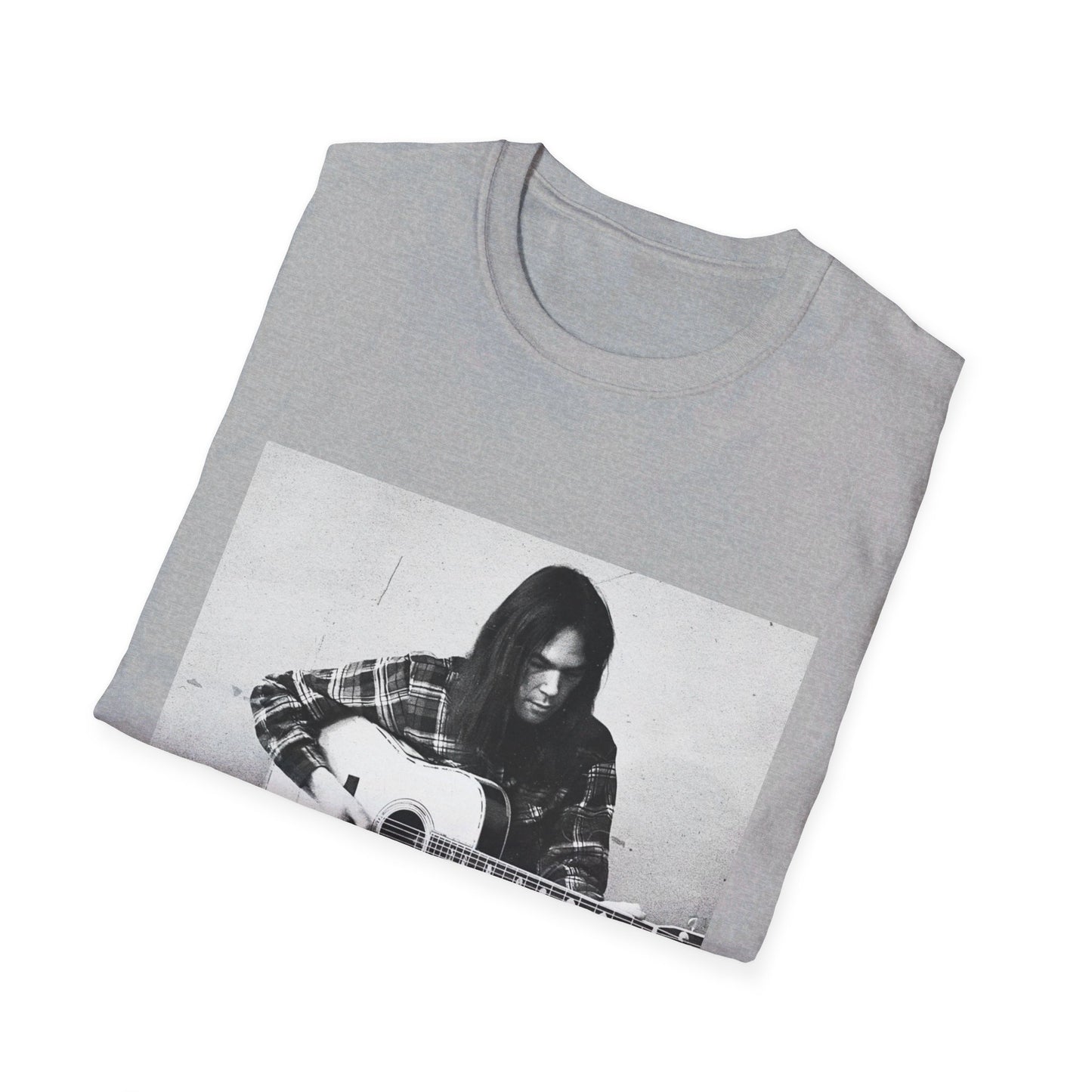 photo of a young neil young playing his acoustic guitar tshirt