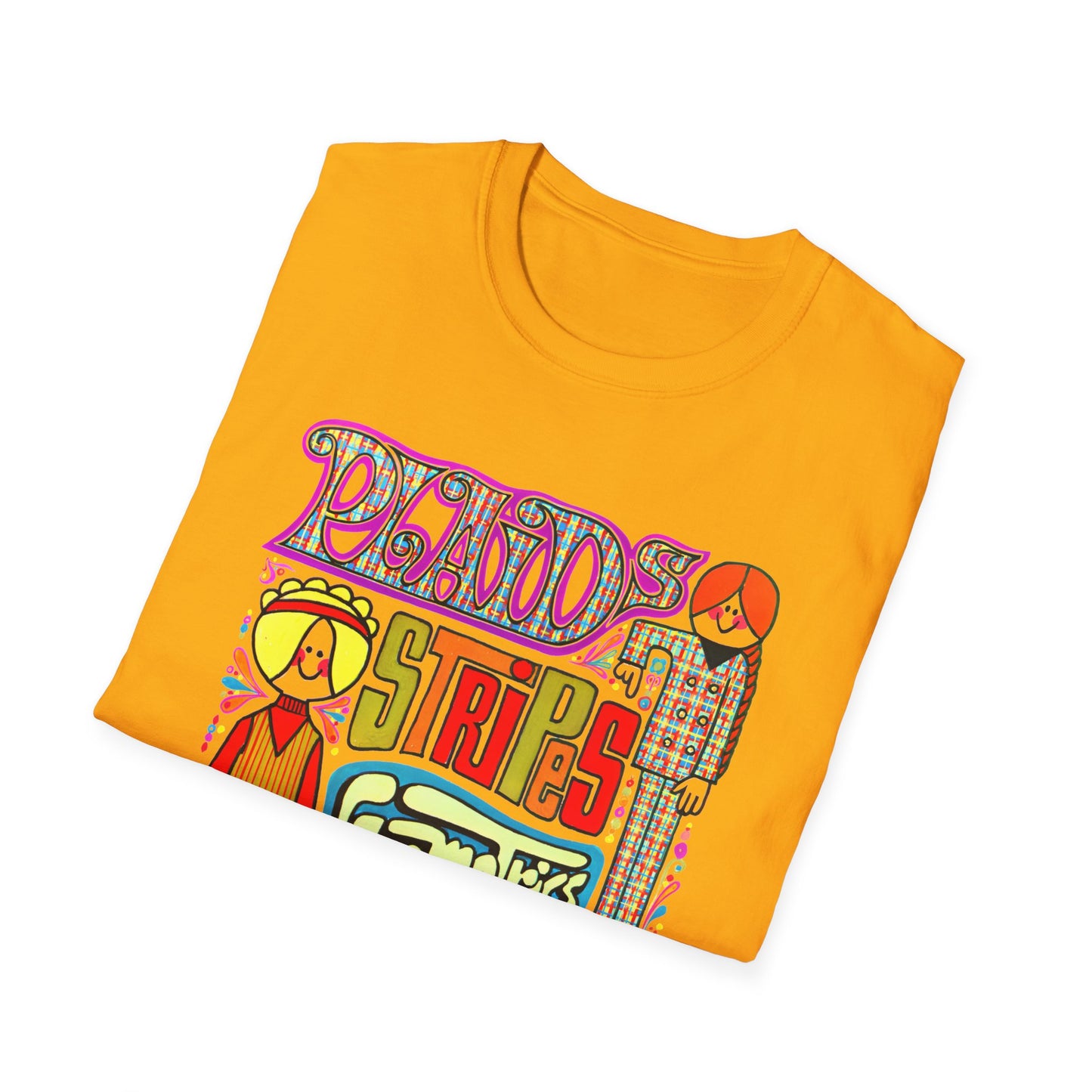 late 1960s fashion it's in advertisement for plaids, stripes, and geometrics tshirt