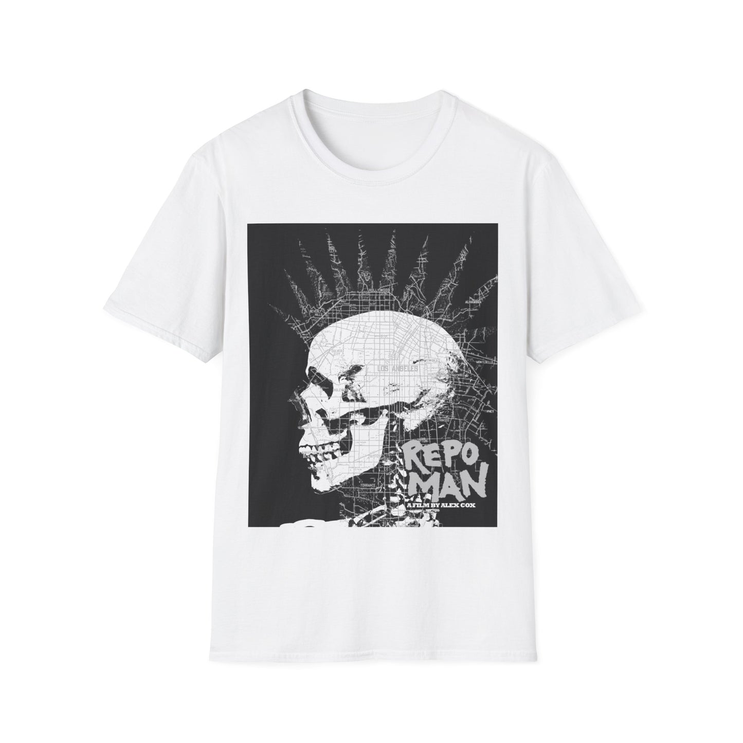 repo man skull punk in black and white tshirt