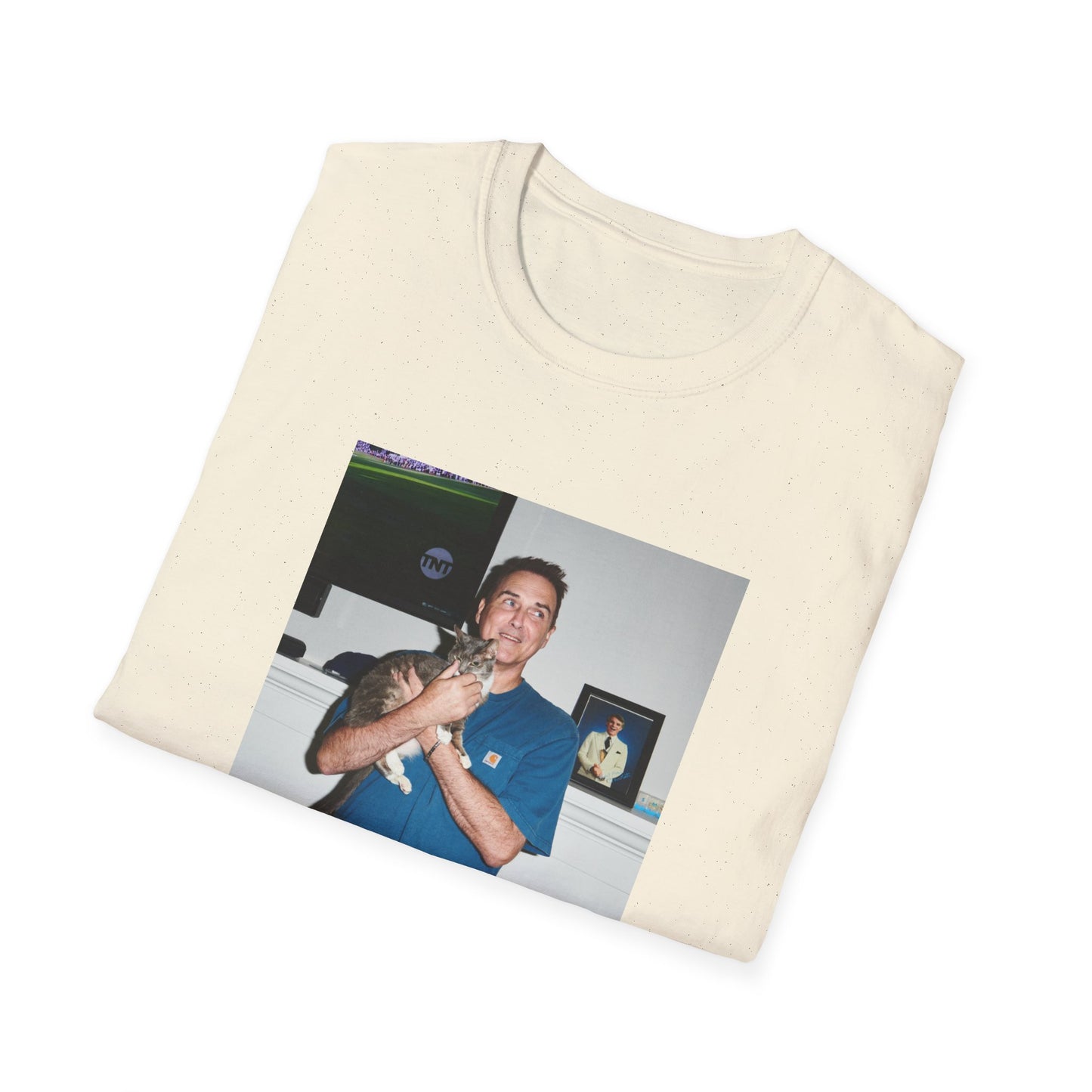 norm macdonald and his cat in front of a framed picture of steve martin close up tshirt