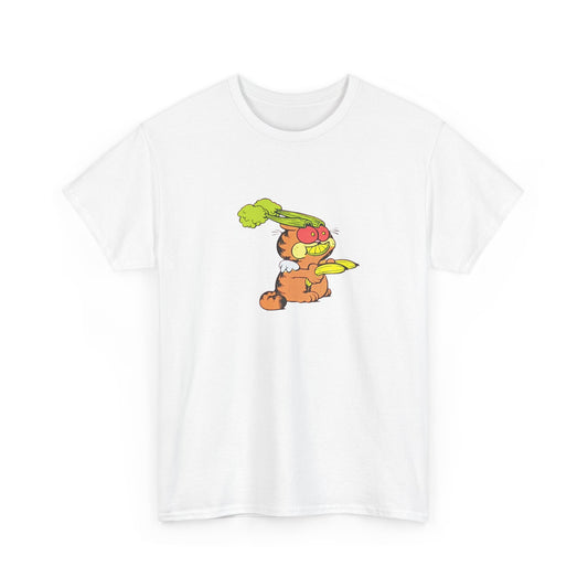 orange cat wearing fruits and vegetables tshirt