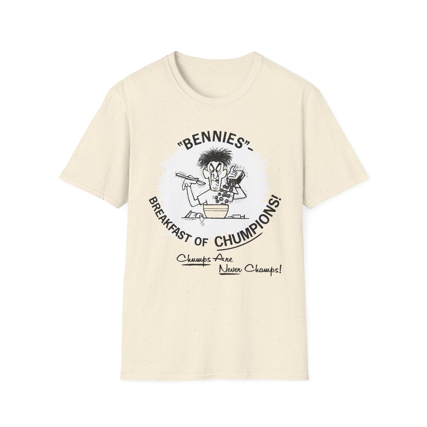 1960s/70s anti-drug poster tshirt "bennies - breakfast of chumpions! chumps are never champs!" by smartset smarteen s.o.s tshirt