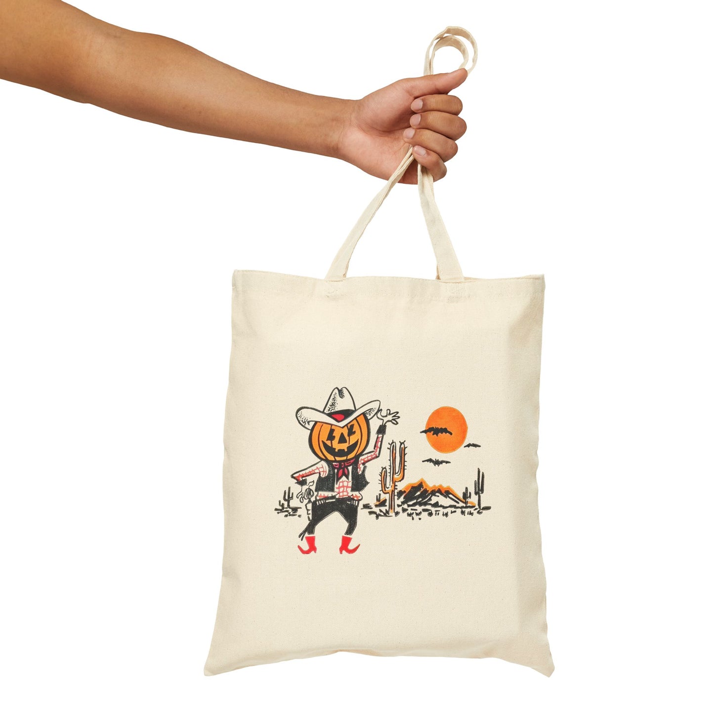 vintage cowboy pumpkin trick or treat bag graphic reproduction cotton canvas tote bag