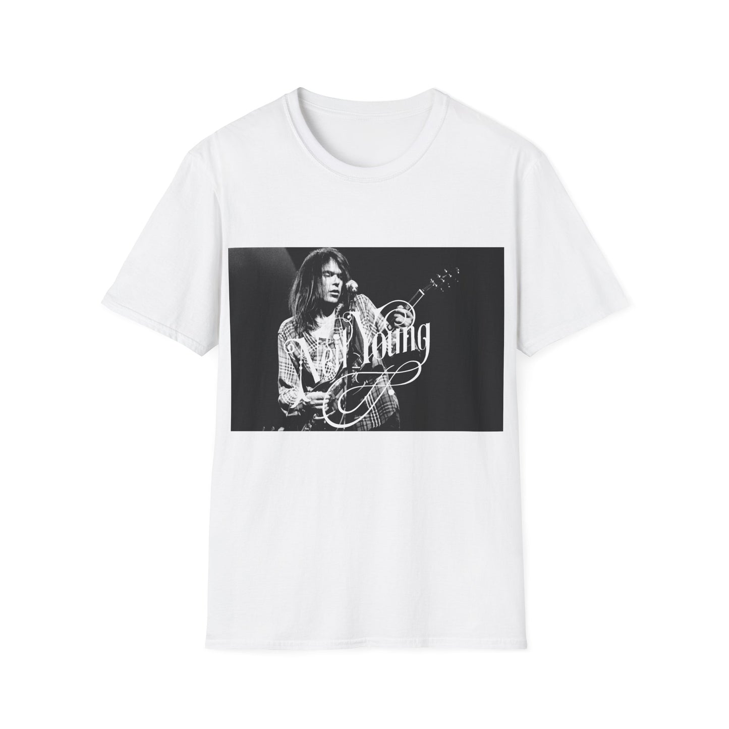 young neil young playing his electric guitar tshirt