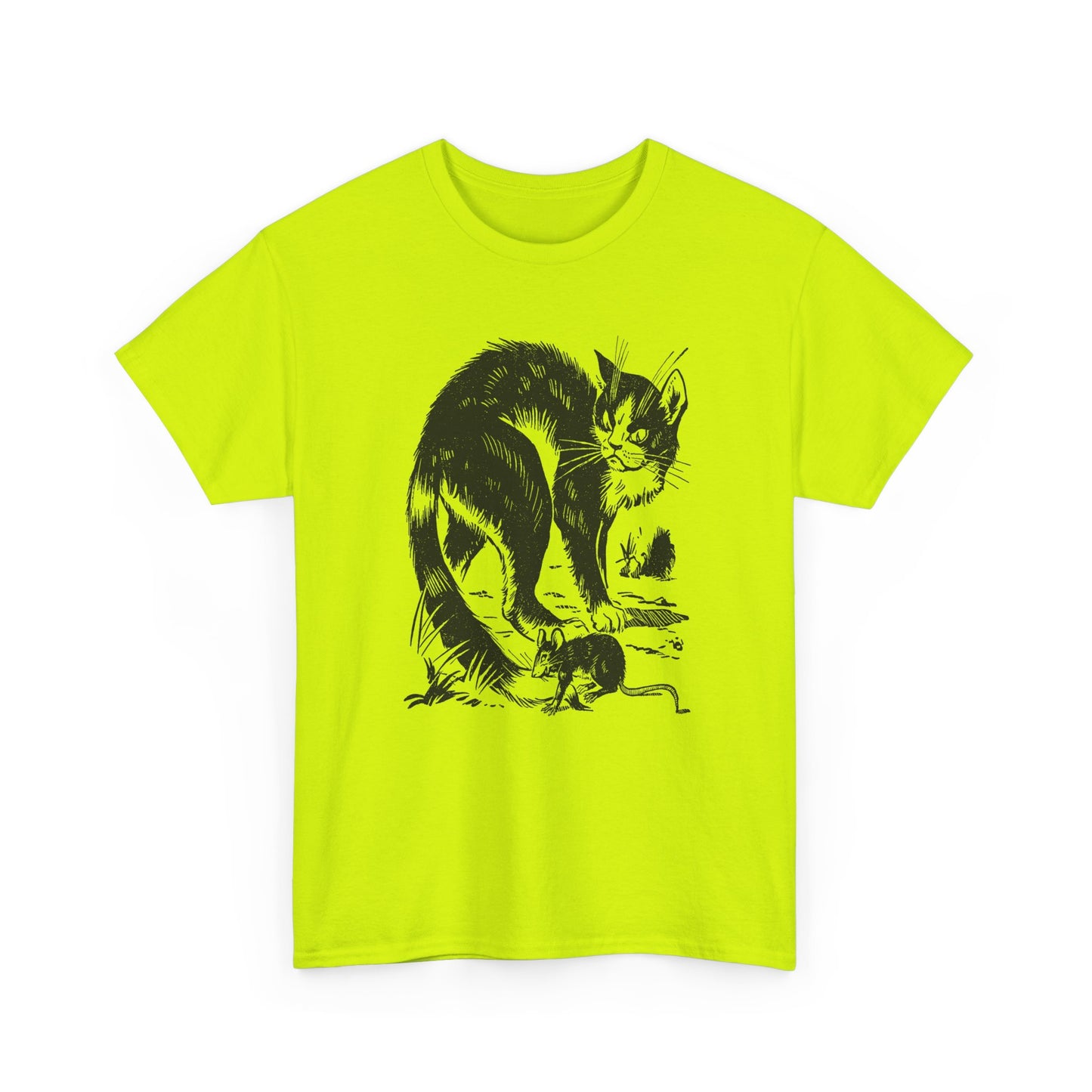vintage french children's book illustration of angry cat and happy mouse reproduction tshirt