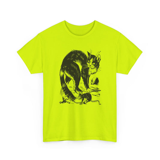 vintage french children's book illustration of angry cat and happy mouse reproduction tshirt