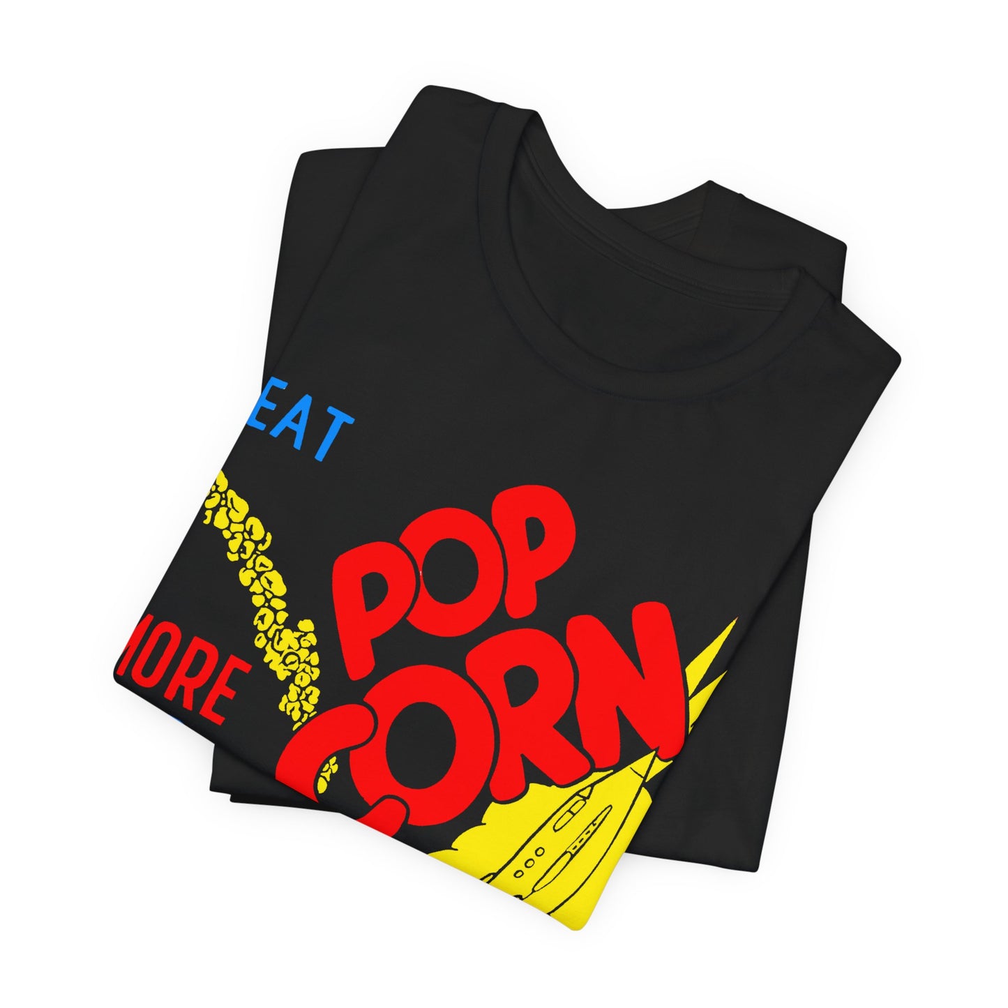 1950s coloured popcorn box logo "eat popcorn more and more and more out of this world!" on a new unisex softstyle tshirt