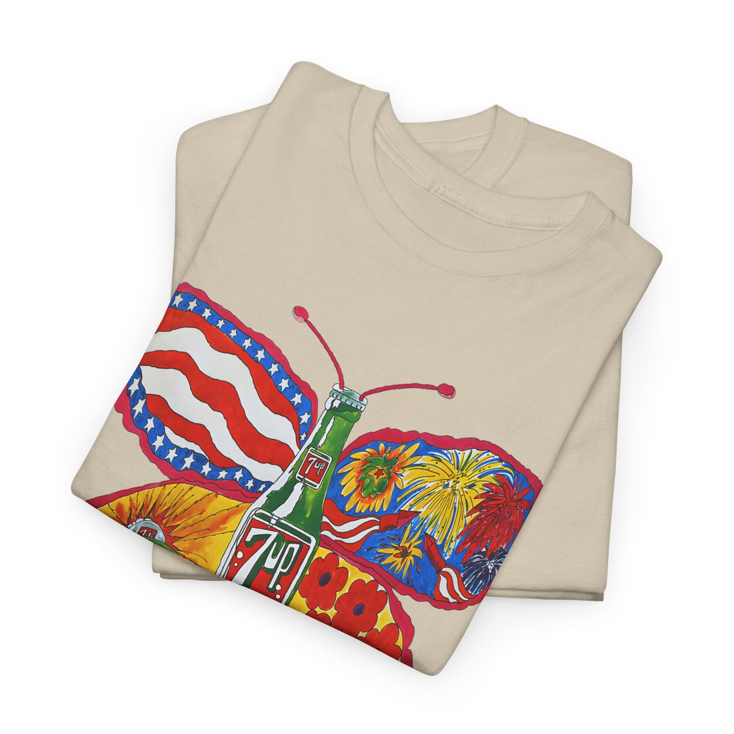 1971 psychedelic ad for 7 up butterfly and bottle reproduction custom edit tshirt