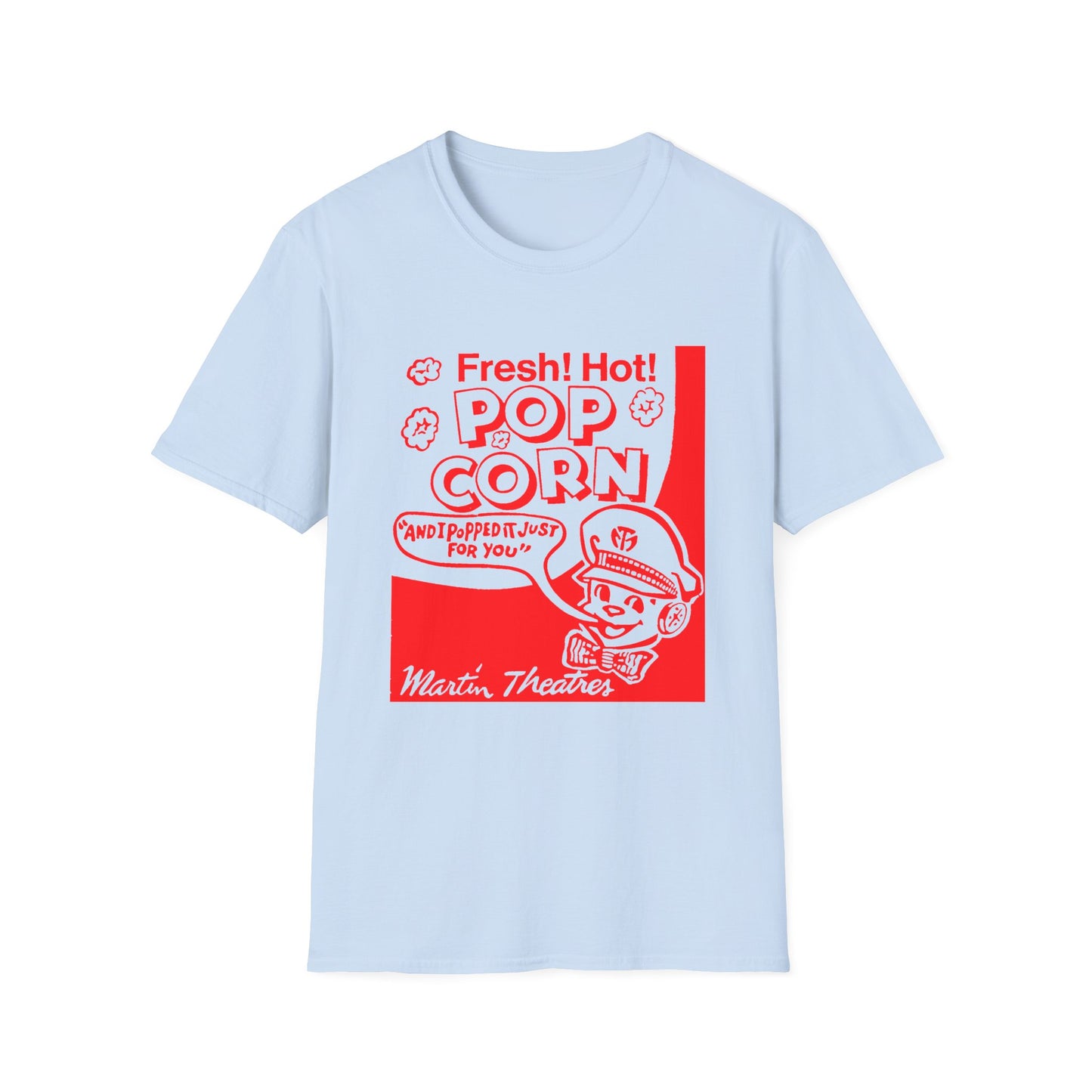 1940s popcorn box logo for martin theatres with a cute little popcorn mascot tshirt