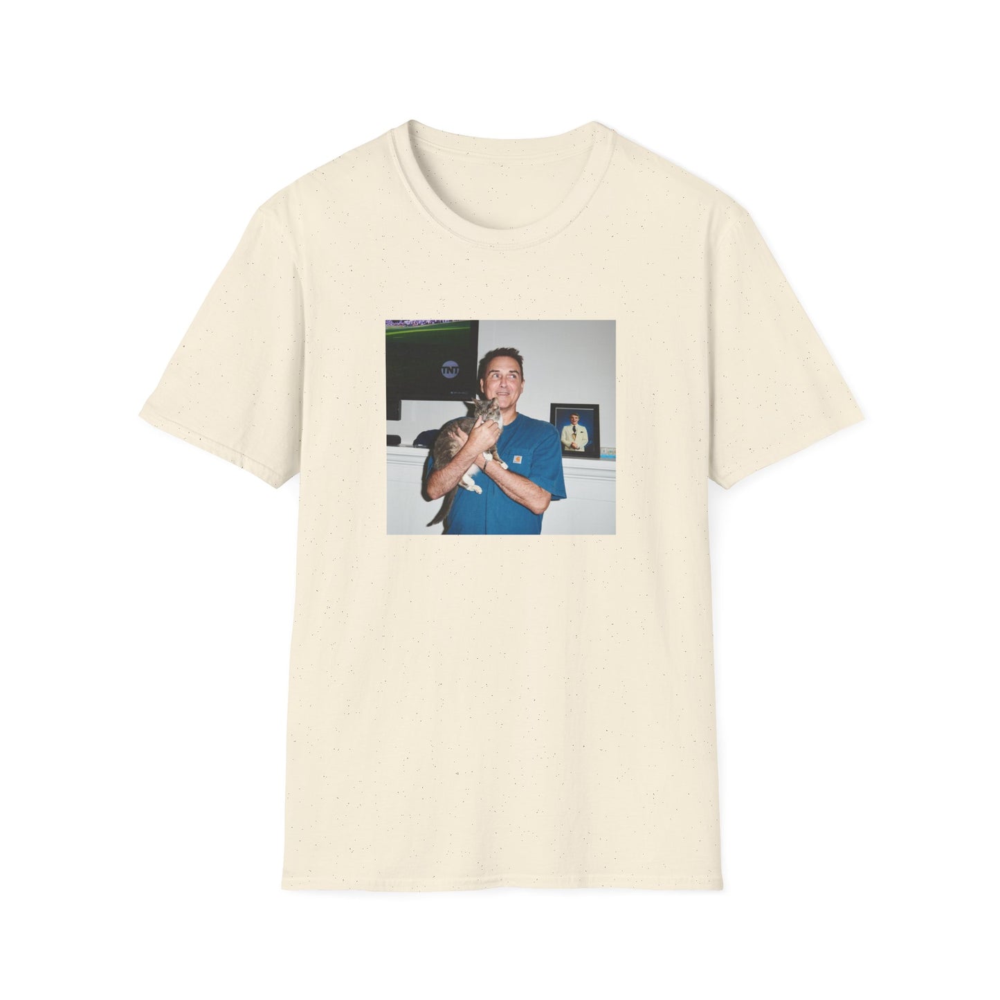 norm macdonald and his cat in front of a framed picture of steve martin close up tshirt