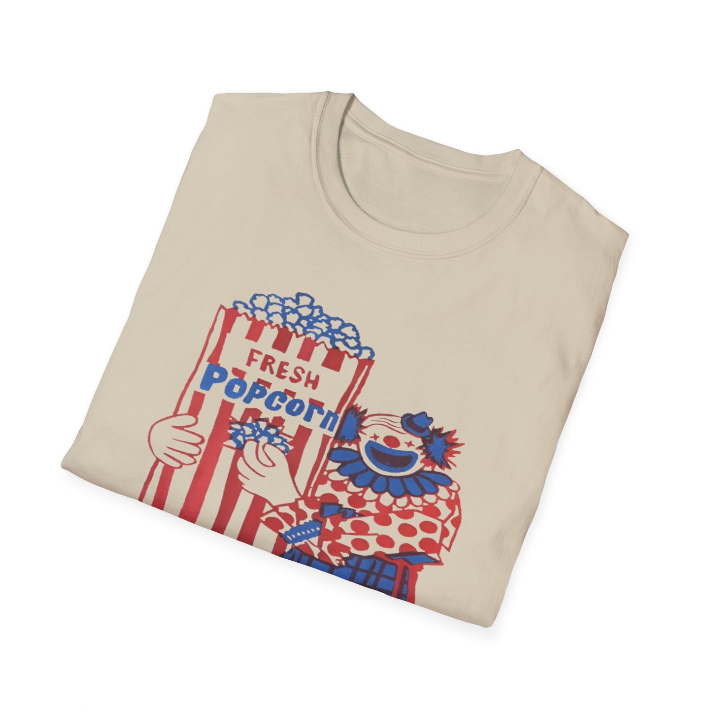 1960s popcorn box logo with a clown mascot tshirt