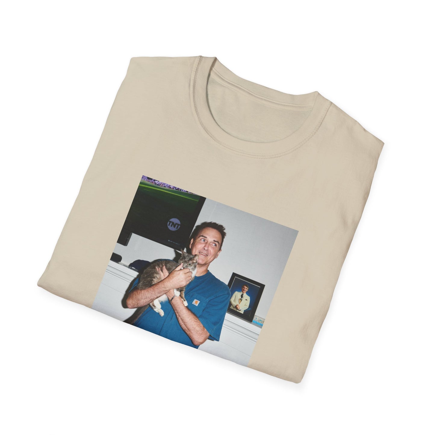 norm macdonald and his cat in front of a framed picture of steve martin close up tshirt