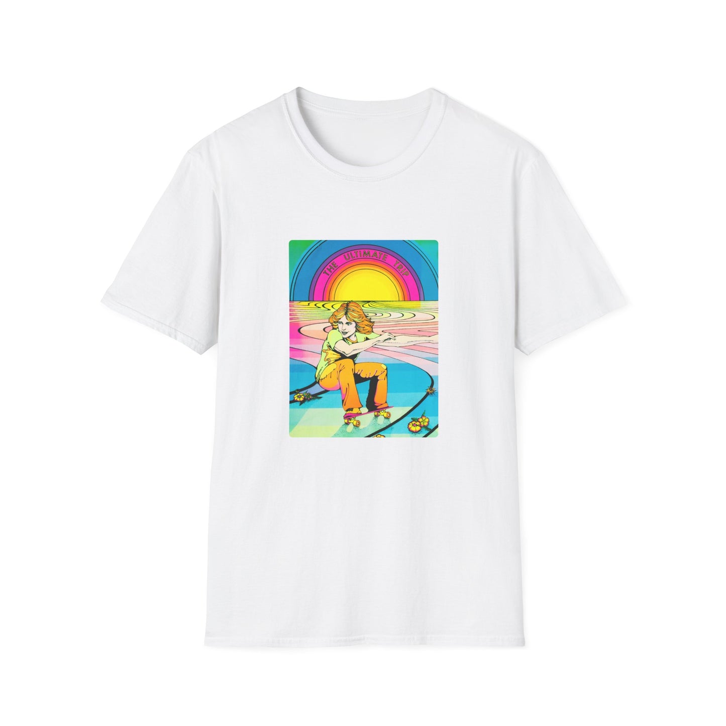 1976 black light poster the ultimate trip skateboarding on a rainbow tshirt