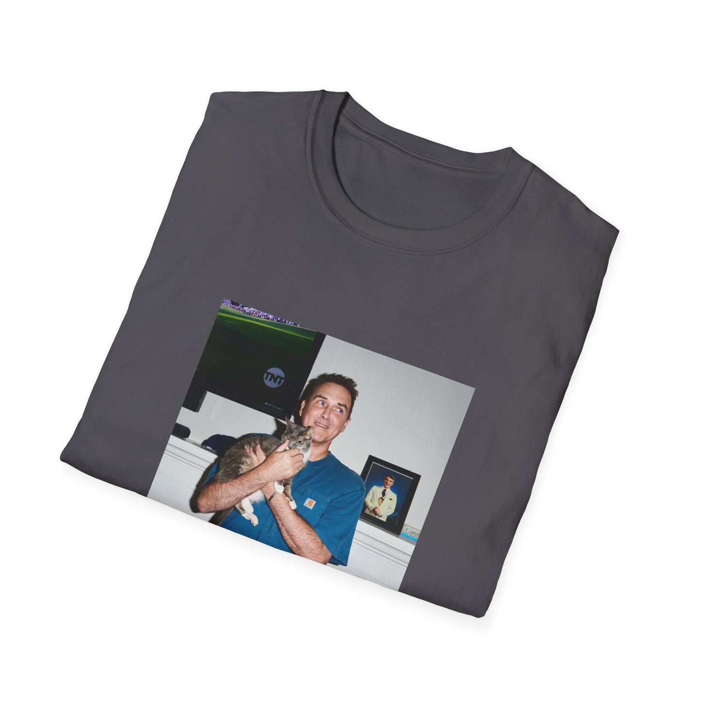 norm macdonald and his cat in front of a framed picture of steve martin close up tshirt