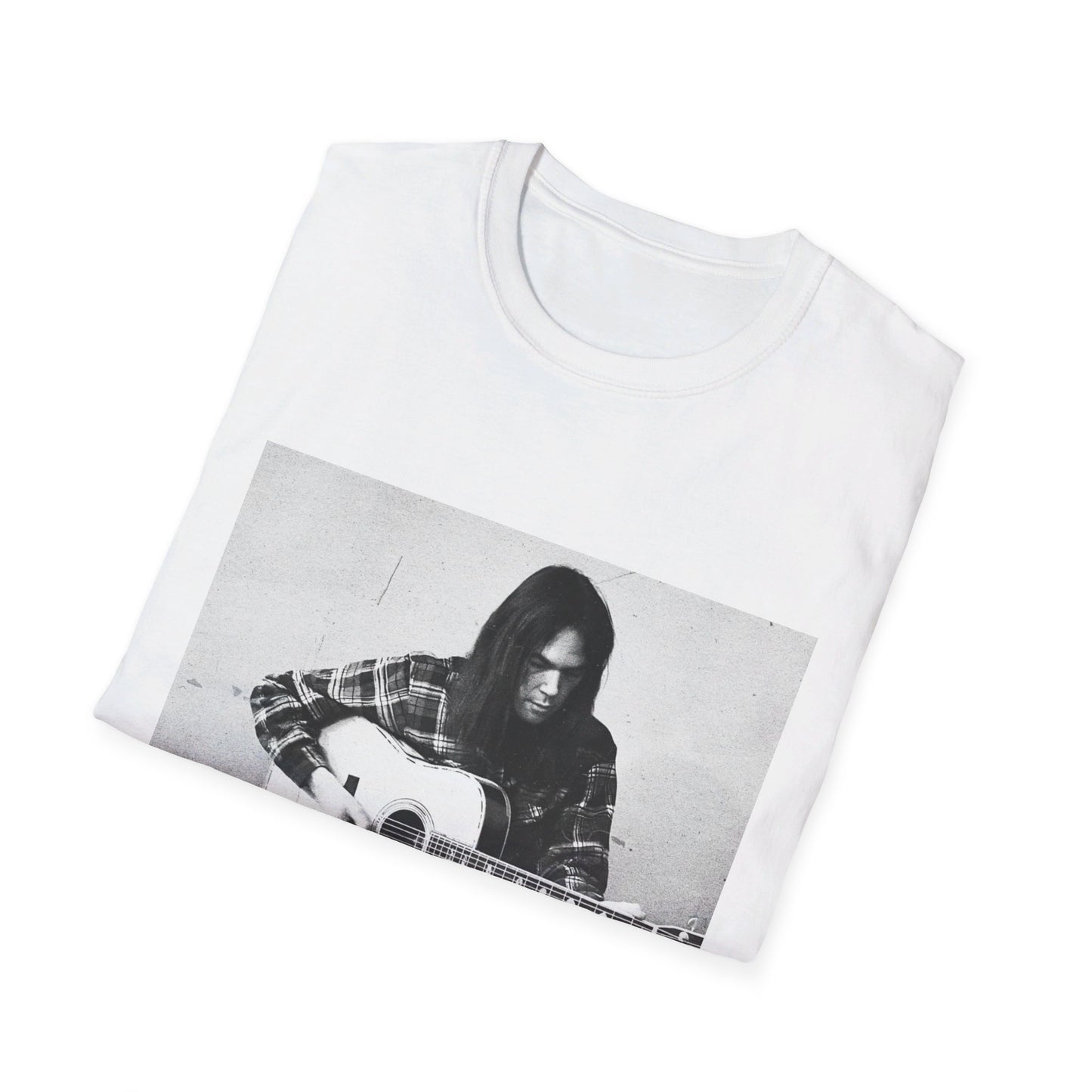 photo of a young neil young playing his acoustic guitar tshirt