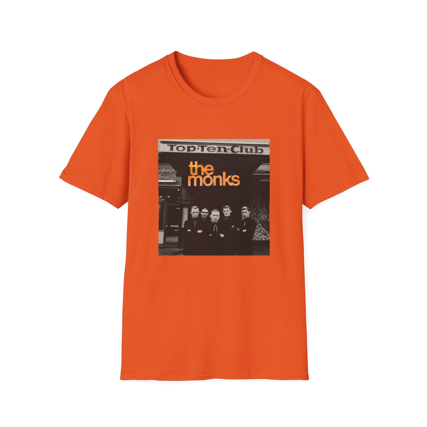1960s experimental rock n roll band the monks in front of the top ten club tshirt