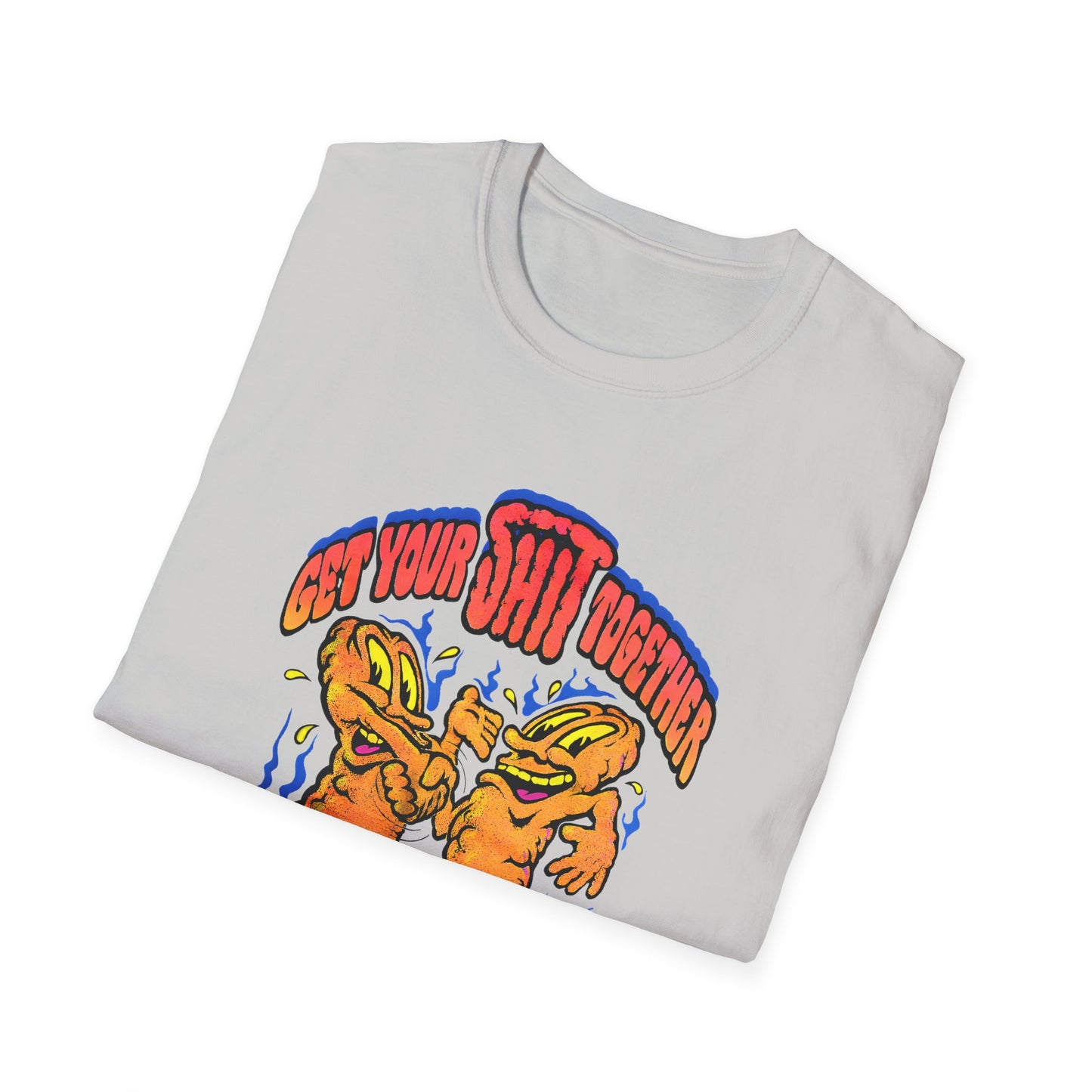 1970s graphic get your shit together two shits shaking hands tshirt