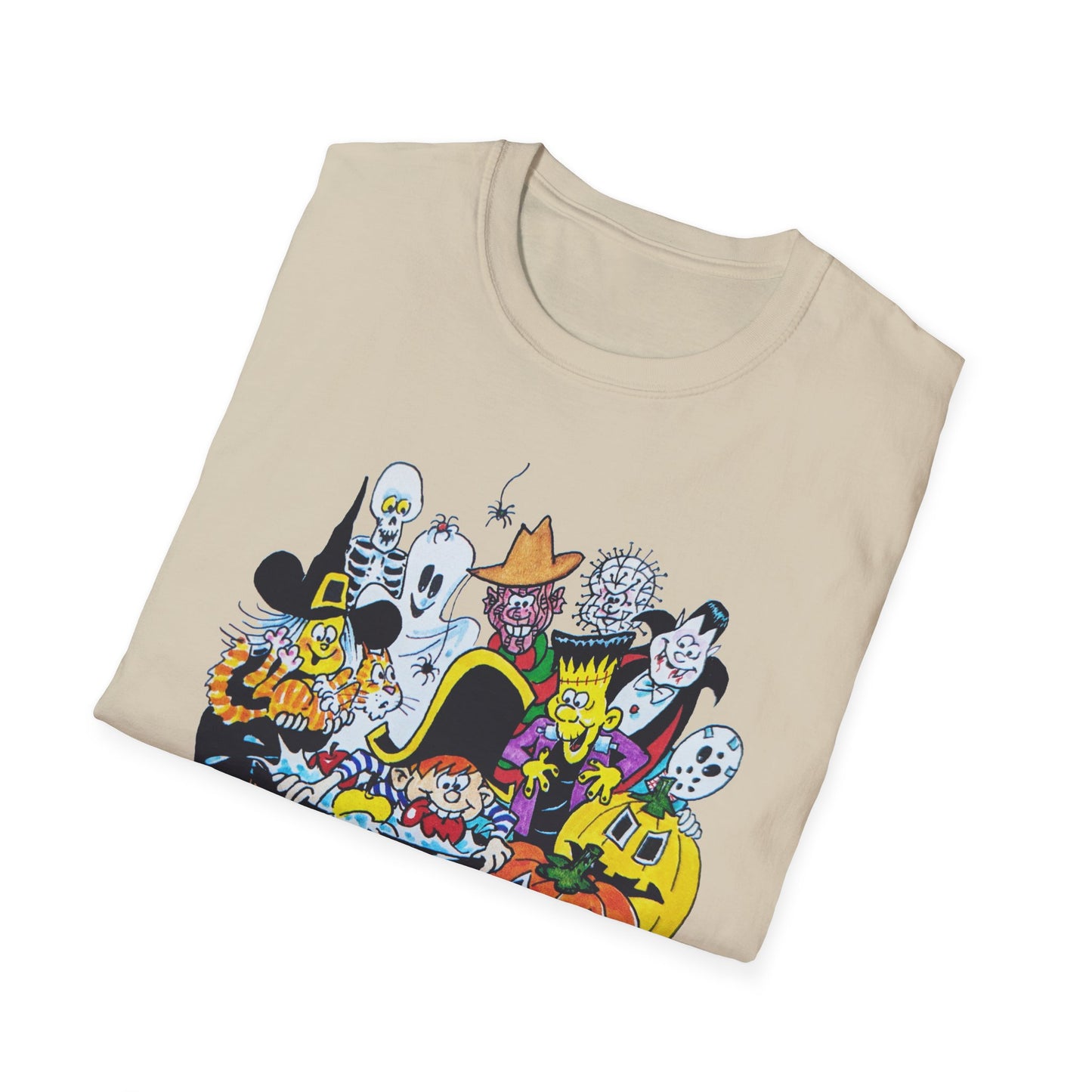 adorable cartoon witches, skeletons, jasons, freddys, and pumpkins halloween tshirt
