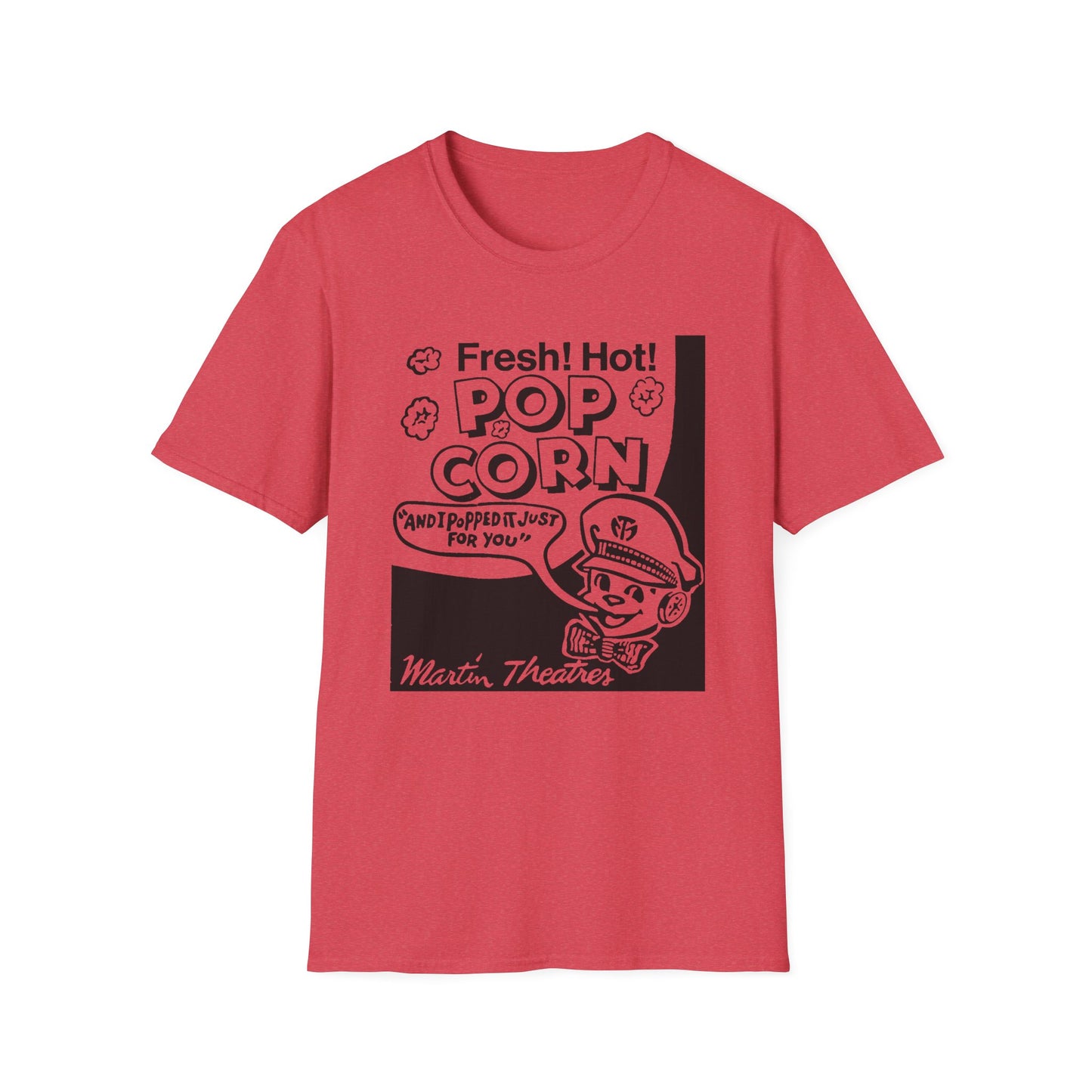1940s popcorn box logo for martin theatres with a cute little popcorn mascot tshirt