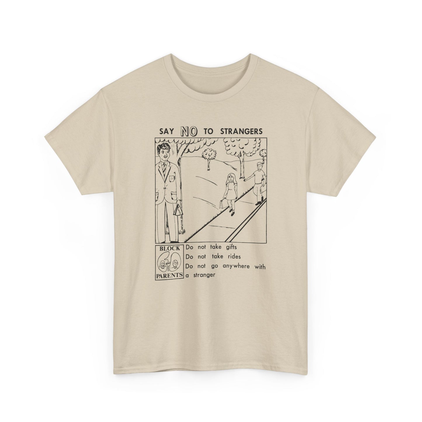 vintage block parents graphic say no to strangers reproduction tshirt