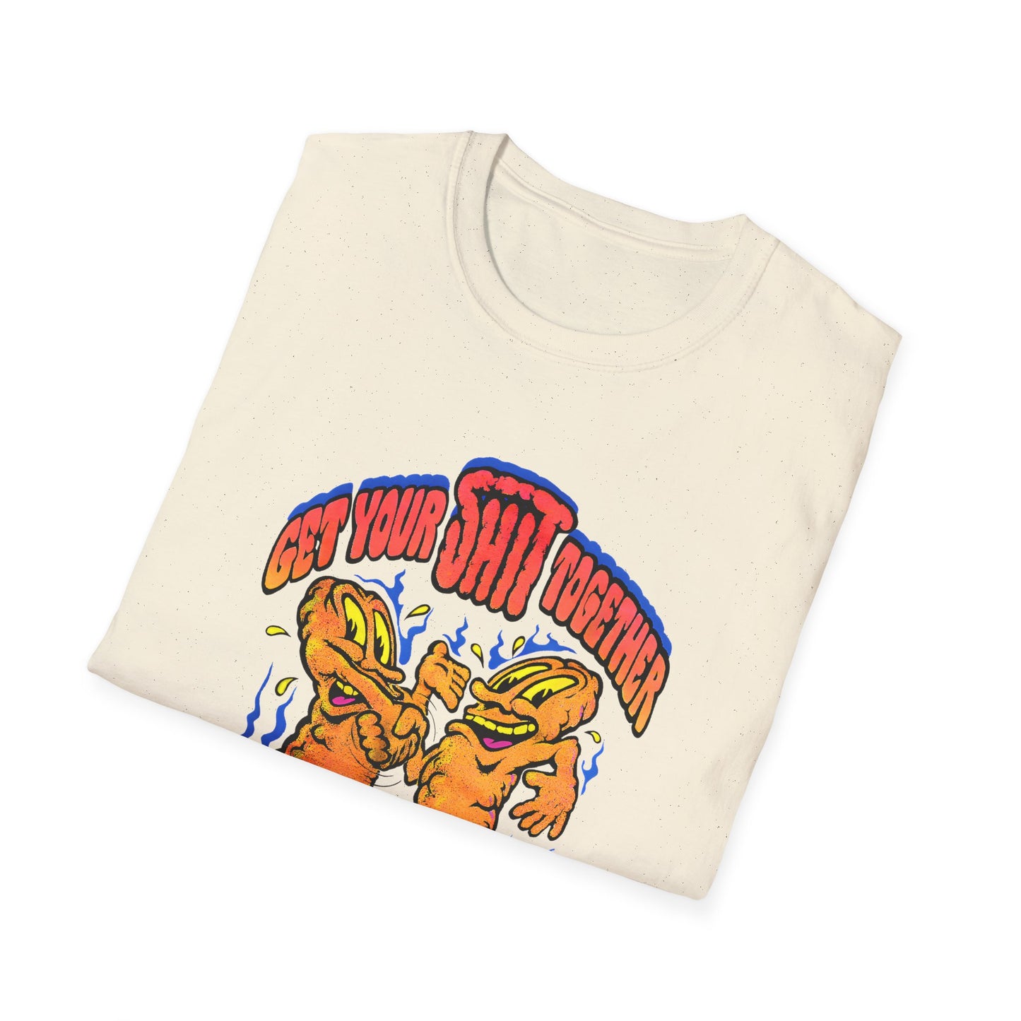 1970s graphic get your shit together two shits shaking hands tshirt