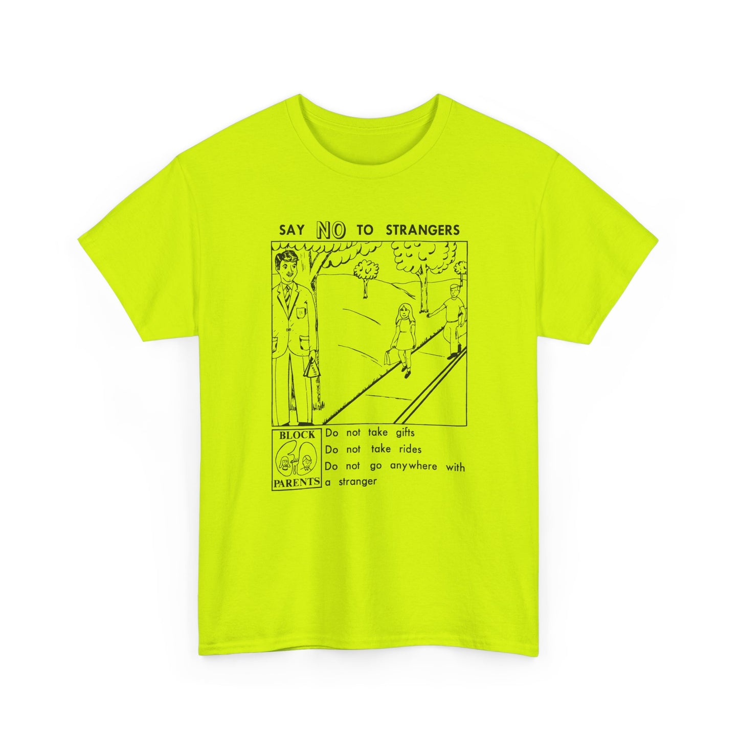 vintage block parents graphic say no to strangers reproduction tshirt