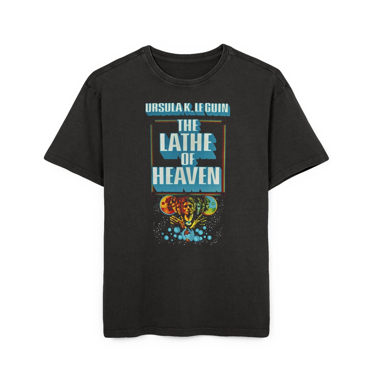 1971 ursula k le guin sci fi novel lathe of heaven book cover acid washed oversize tshirt