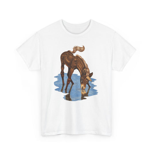 vintage childrens book illustration baby unicorn in puddle reproduction tshirt