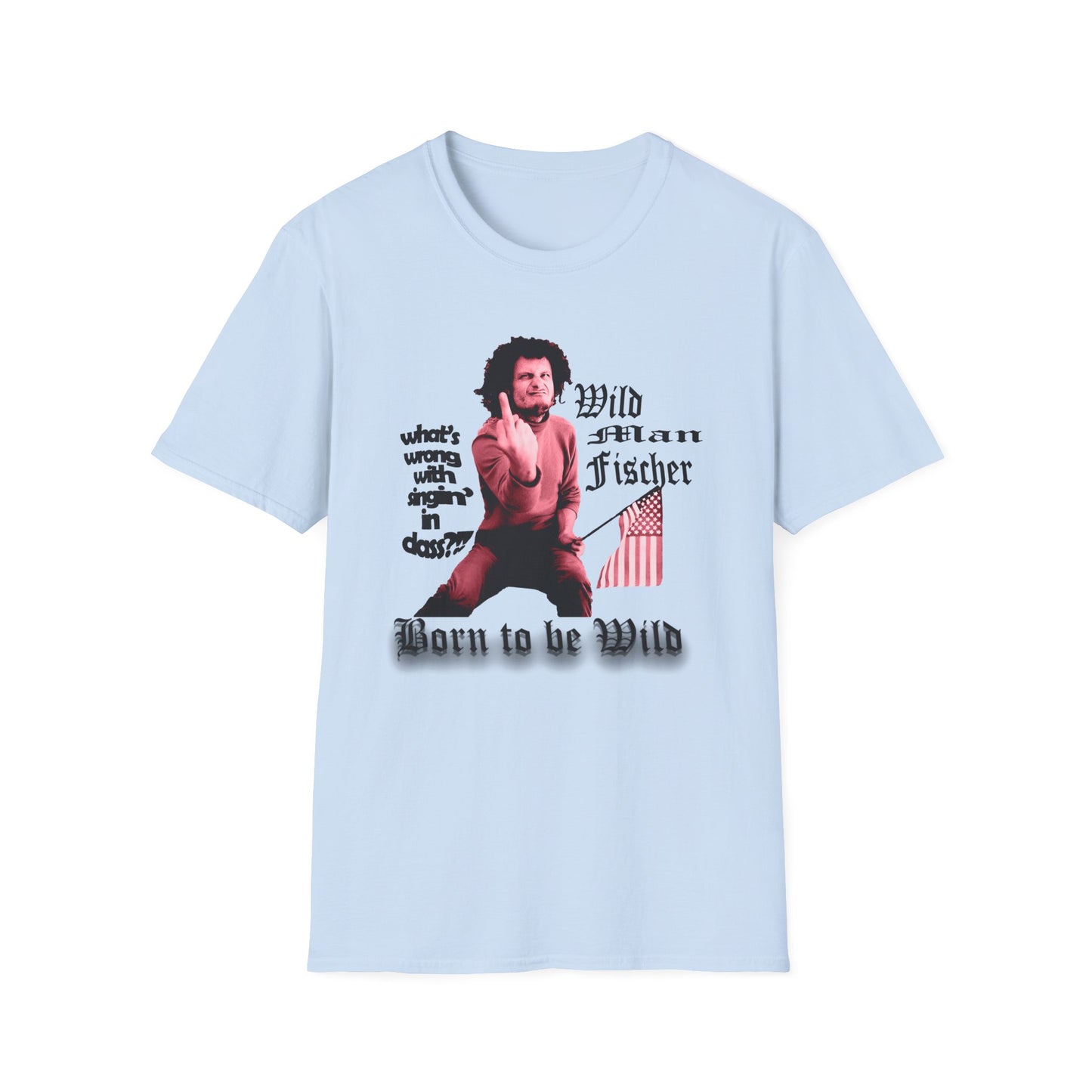 wild man fischer middle finger in red tshirt