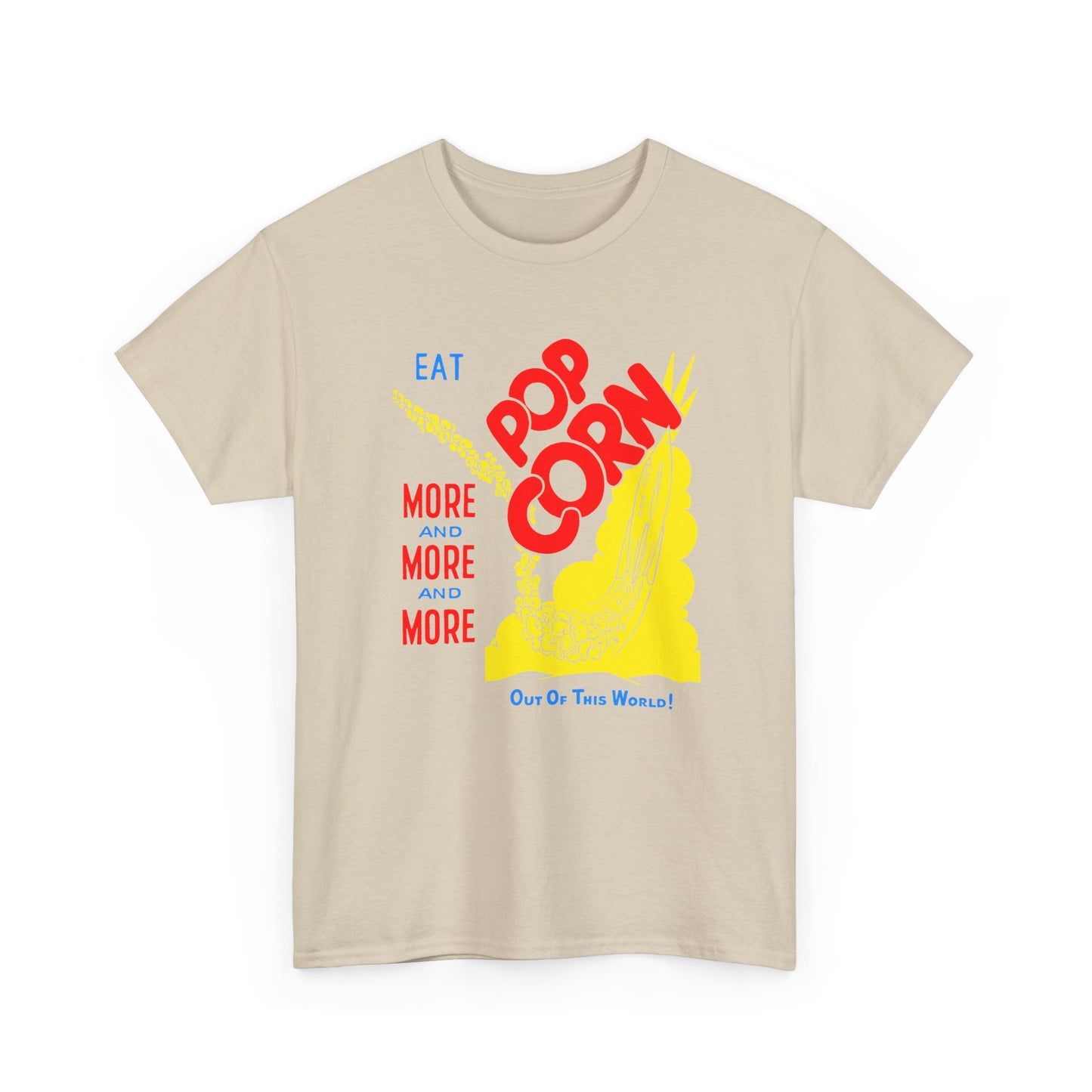 1950s coloured popcorn box logo eat popcorn more and more and more out of this world! tshirt