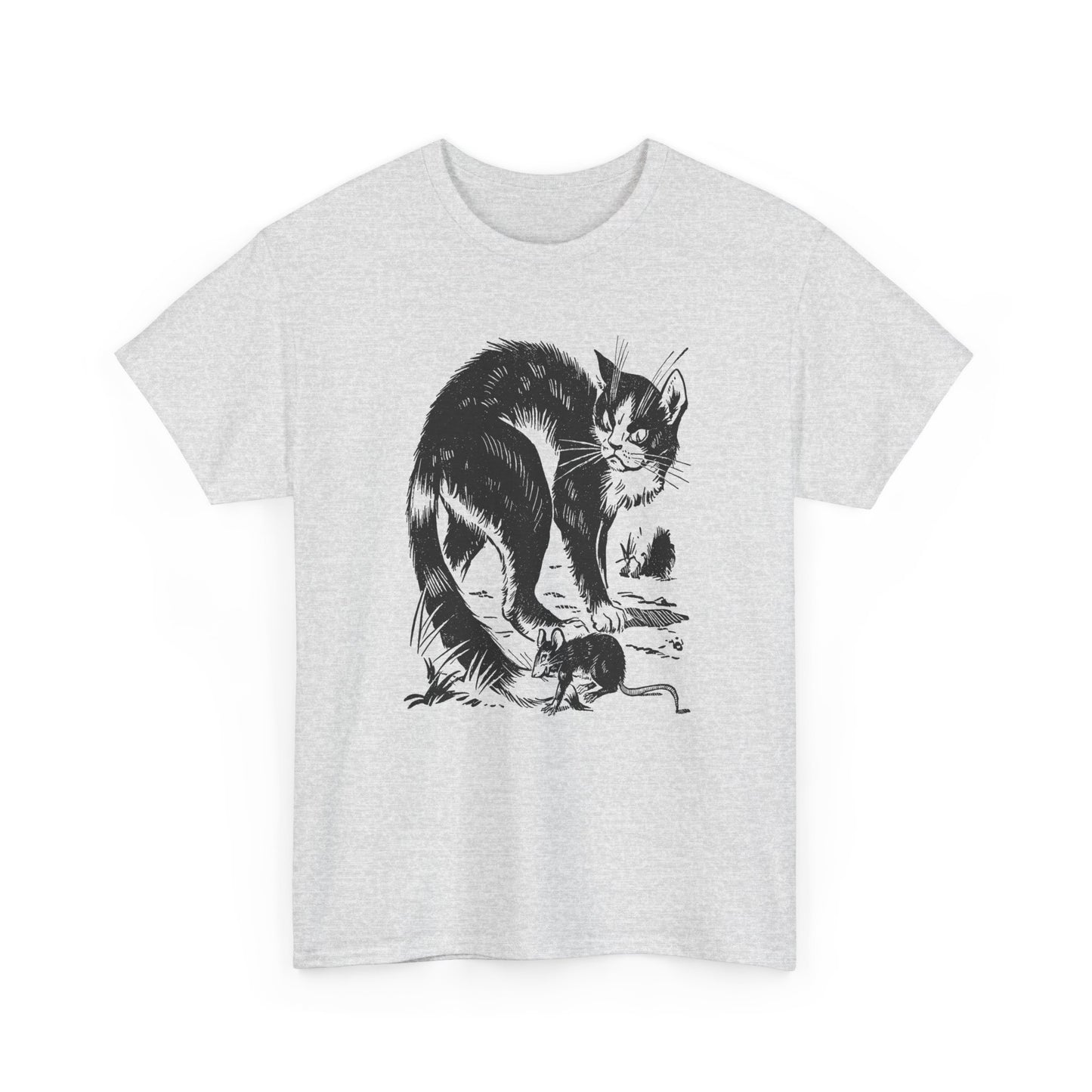 vintage french children's book illustration of angry cat and happy mouse reproduction tshirt